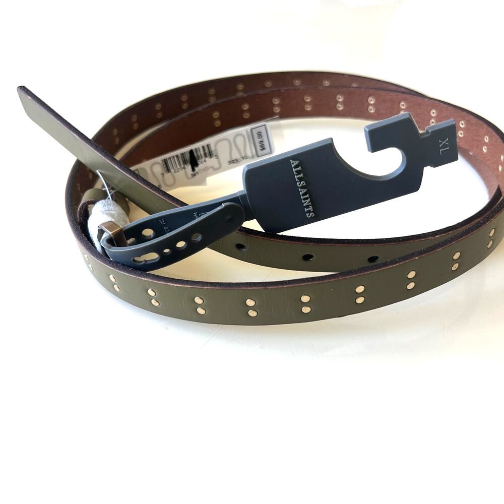All Saints Pindot Gold Olive Green Studded Leather Skinny Waist Belt Womens XL
